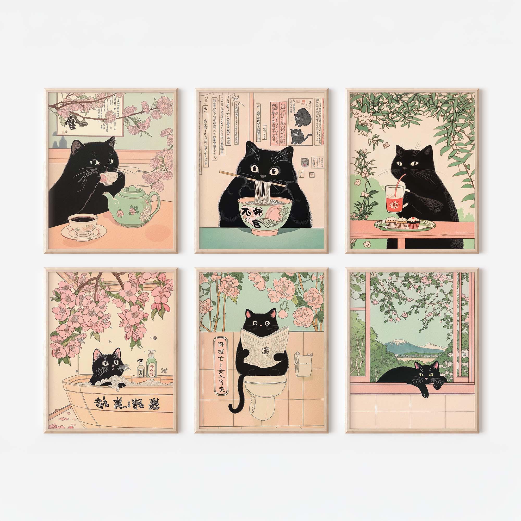 Home Decor Aesthetic Pinterest - 일본식 고양이 프린트 6종 세트, 검은