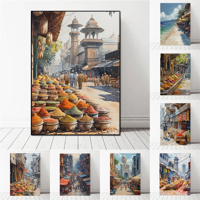 카라치 라호르 파키스탄 거리 시장 수채화 그림 벵골 문 - Home Decor Karachi 리뷰 및 가격