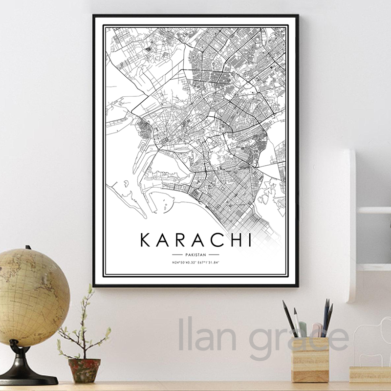 카라치 도시지도 포스터 이슬람 도시지도 흑백 인쇄 파키 - Home Decor Karachi 리뷰 및 가격